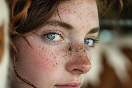 A captivating close-up portraying the radiant beauty of a young dairywomanの素材