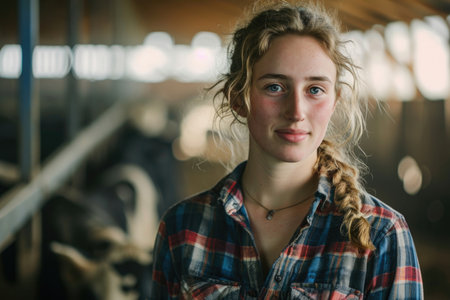 A graceful portrait capturing the essence of a young dairy farmerの素材