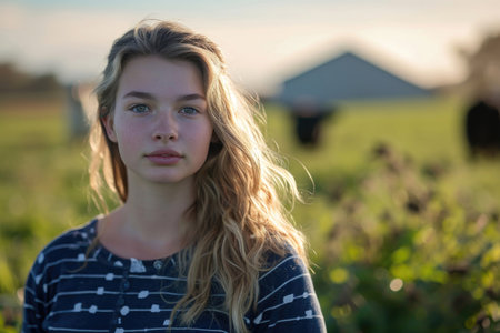 A graceful portrait capturing the essence of a young dairy farmerの素材