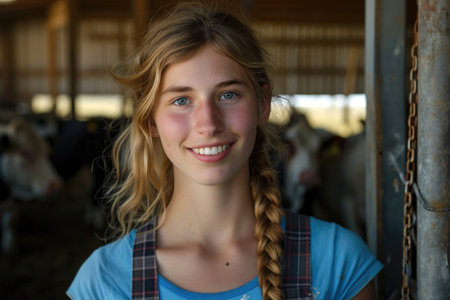 A graceful portrait capturing the essence of a young dairy farmerの素材