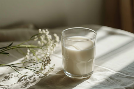 A glass filled with a soothing elixir of milk, capturing the essence of relaxationの素材