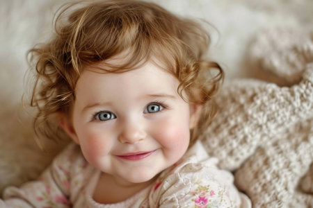 The cherubic delight of a little one, with rosy cheeks and a beaming smileの素材