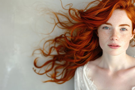 A young redhead woman with her vibrant, windswept red hairの素材