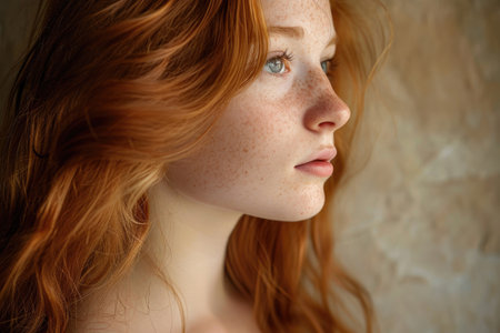 An enchanting portrait capturing the charisma of a young, freckled redhead womanの素材