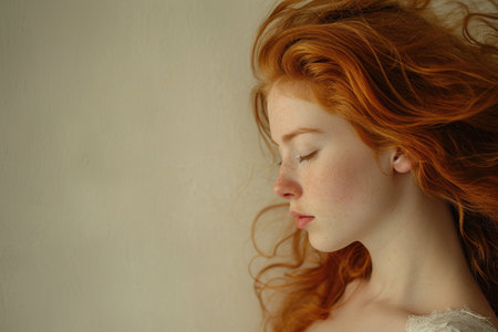 A portrayal of the essence of a windswept redhead's beautyの素材