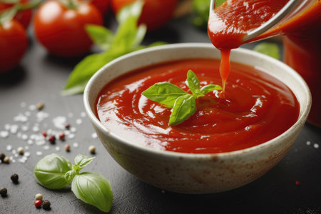 A bowl of freshly poured tomato ketchup, capturing the essence of culinary refinementの素材