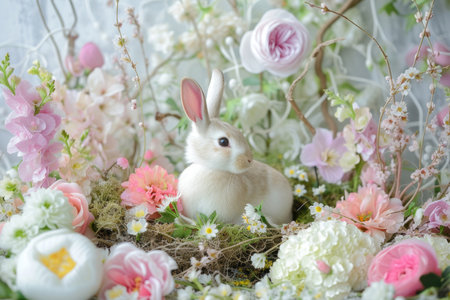 The Easter bunny amidst blossoming flowers and springtime magicの素材