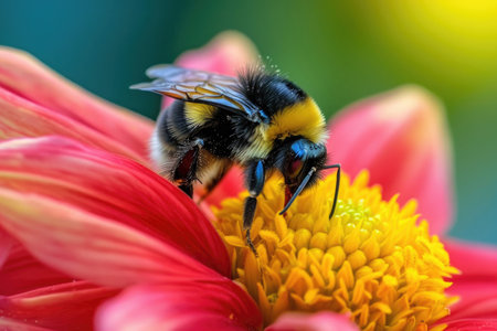 A bumblebee in the act of gathering nectar from a vibrant flowerの素材