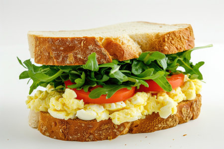 A gourmet egg sandwich presented against a pristine white backdropの素材