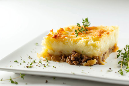 The simplicity of a modern twist on Sheperd's pie, isolated on a white backgroundの素材