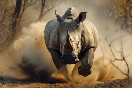 A rhinoceros charges forward, displaying its strength and determinationの素材