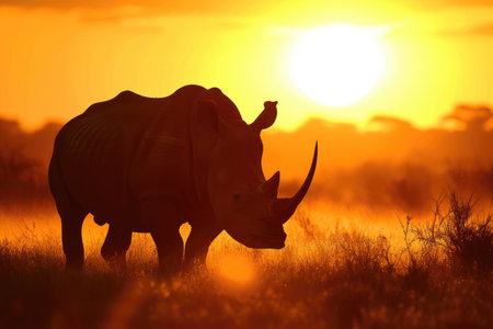 A rhino silhouetted against the golden hues of a sunsetの素材
