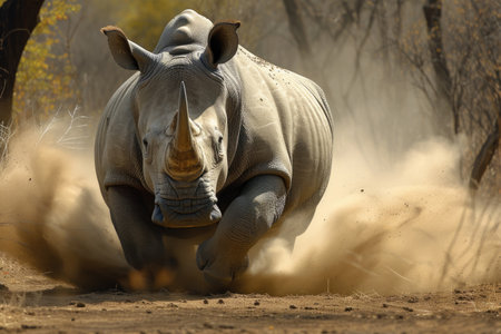 A rhinoceros charges forward, displaying its strength and determinationの素材