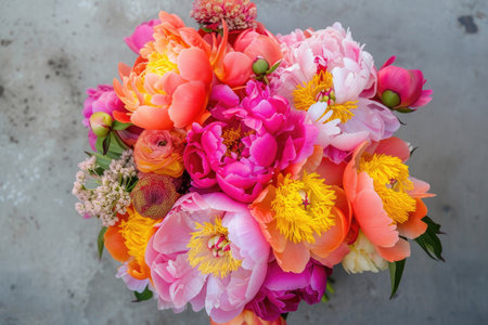 An explosion of vibrant peony blooms arranged in a lush bouquet creating a burst of color and energyの素材