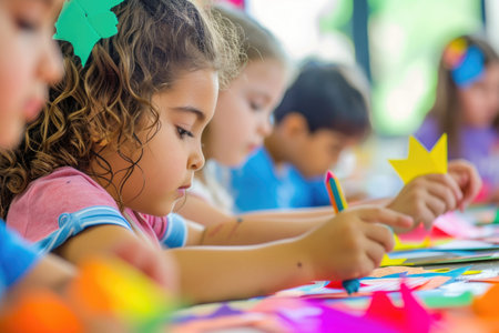 A group of children embark on artistic adventures in their crafts classの素材