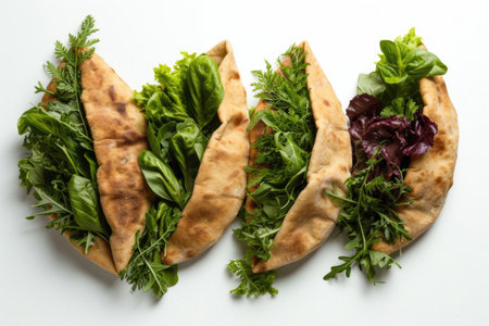 A Zhingyalov Hats, a traditional Armenian flatbread filled with an assortment of fresh greensの素材