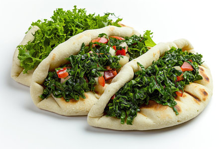 A Zhingyalov Hats, a traditional Armenian flatbread filled with an assortment of fresh greensの素材
