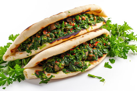 A Zhingyalov Hats, a traditional Armenian flatbread filled with an assortment of fresh greensの素材