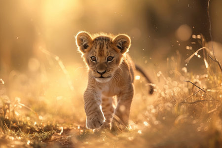 The adorable lion cub, bathed in soft lightの素材