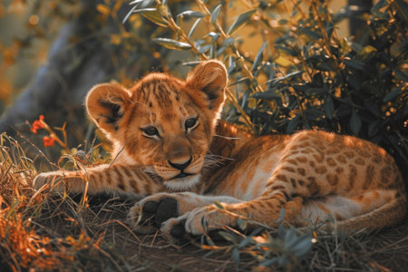 A moment of peaceful repose, highlighting the lion cub's serenity amidst nature's beautyの素材