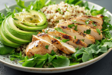 Grilled chicken, quinoa, avocado, and leafy greens for muscle building and overall healthの素材