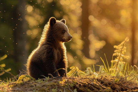 A quiet moment shared between a bear cub and the untouched beauty of natureの素材