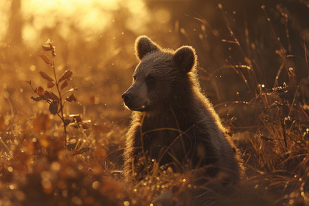 A quiet moment shared between a bear cub and the untouched beauty of natureの素材