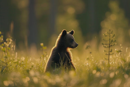 A quiet moment shared between a bear cub and the untouched beauty of natureの素材