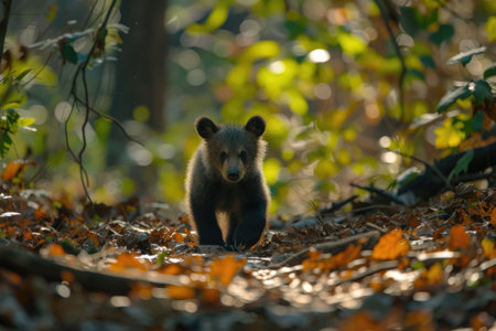 A lively bear cub embarks on a journey through the vibrant tapestry of the forestの素材