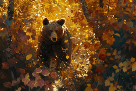 A lively bear cub embarks on a journey through the vibrant tapestry of the forestの素材