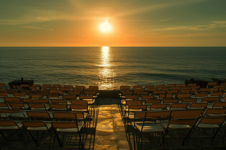 A tranquil scene with chairs arranged neatly in front of the seaの素材