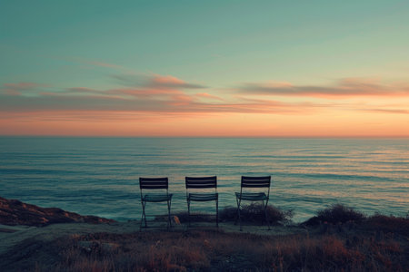 Chairs strategically placed along the coast, inviting conversations with the seaの素材