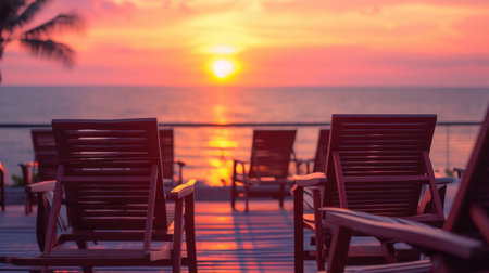 Chairs placed strategically for a front-row seat to the mesmerizing sunset by the seaの素材