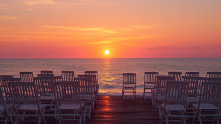 Chairs placed strategically for a front-row seat to the mesmerizing sunset by the seaの素材