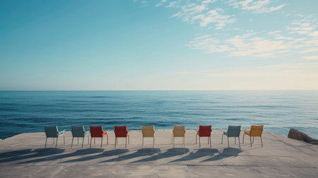 Chairs harmonizing with the horizon, creating a serene seating experienceの素材