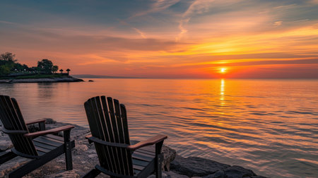 Chairs placed strategically for a front-row seat to the mesmerizing sunset by the seaの素材