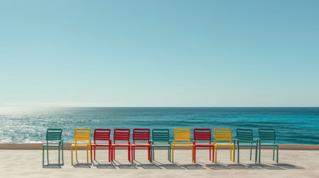 Chairs harmonizing with the horizon, creating a serene seating experienceの素材