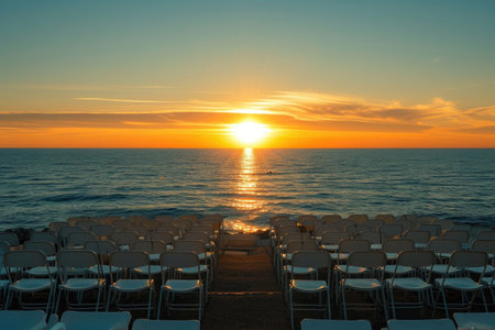 A tranquil scene with chairs arranged neatly in front of the seaの素材