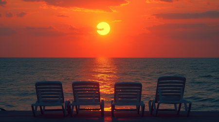 Chairs placed strategically for a front-row seat to the mesmerizing sunset by the seaの素材