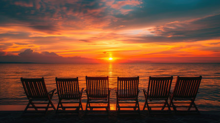 Chairs placed strategically for a front-row seat to the mesmerizing sunset by the seaの素材