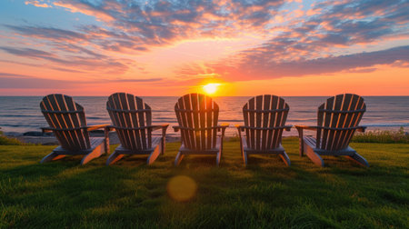 Chairs placed strategically for a front-row seat to the mesmerizing sunset by the seaの素材