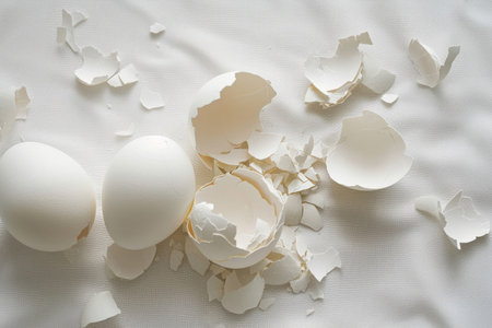 Isolated broken eggshell fragments on a white canvas whisper tales of vulnerability and resilienceの素材