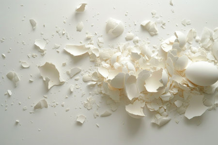 A chaotic arrangement of broken eggshell fragments, frozen in silent beauty on a white backdropの素材