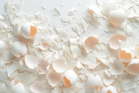 A chaotic arrangement of broken eggshell fragments, frozen in silent beauty on a white backdropの素材