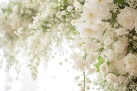 A cascading array of blossoms frames a serene white centerの素材