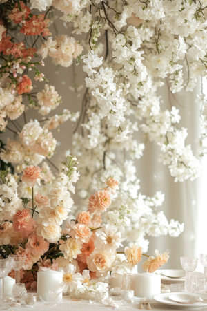 A cascading array of blossoms frames a serene white centerの素材
