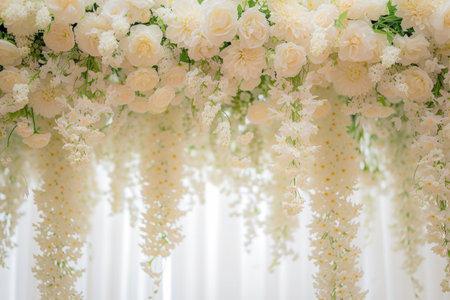 A cascading array of blossoms frames a serene white centerの素材