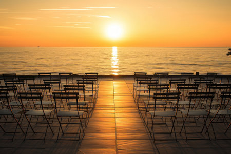 A tranquil scene with chairs arranged neatly in front of the seaの素材