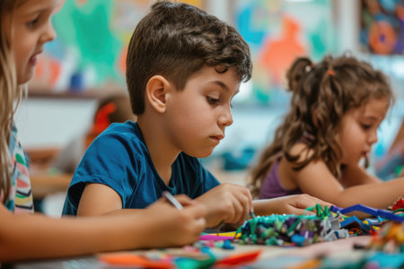 A group of children embark on artistic adventures in their crafts classの素材