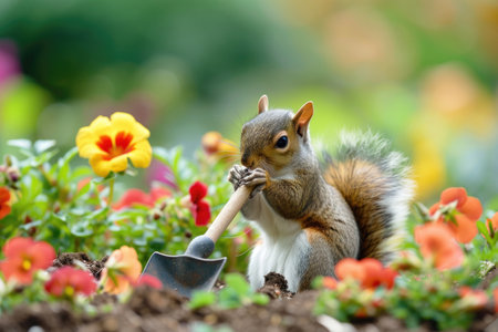 A happy squirrel tends to its garden during the joyful days of spring.の素材
